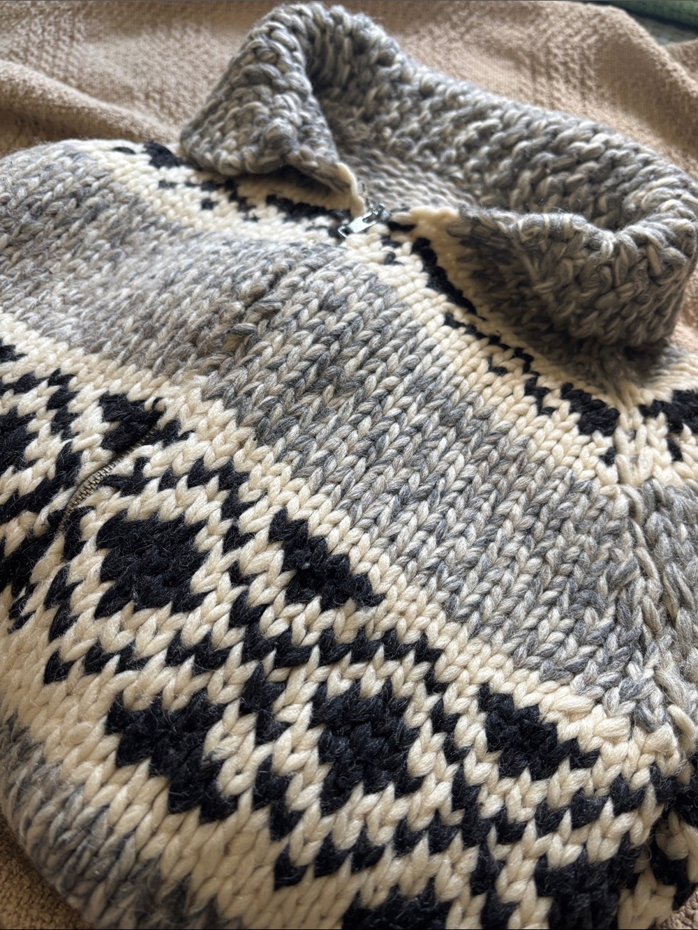 Vintage handmade knit wool Cowichan style sweater